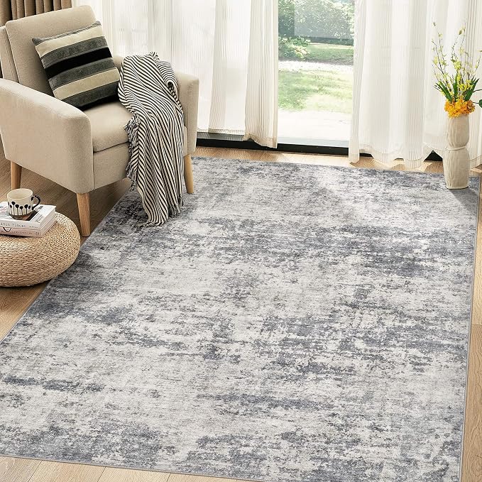 Abstract 6x9 Area Rug: Machine Washable Non Slip Ultra Thin Low-Pile Carpet, Soft Stain Resistant for Living Room Bedroom Nursery, Kid Pet Friendly, Robot Vacuum Compatible - Grey Beige