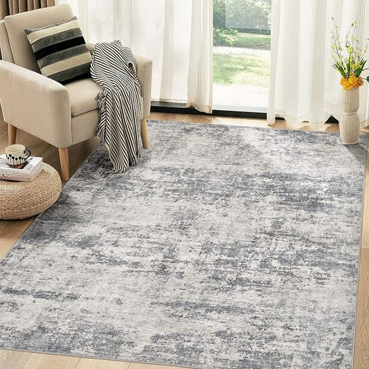 Abstract 5x7 Area Rug: Machine Washable Non Slip Ultra Thin Low-Pile Carpet, Soft Stain Resistant for Living Room Bedroom Nursery, Kid Pet Friendly, Robot Vacuum Compatible - Grey Beige