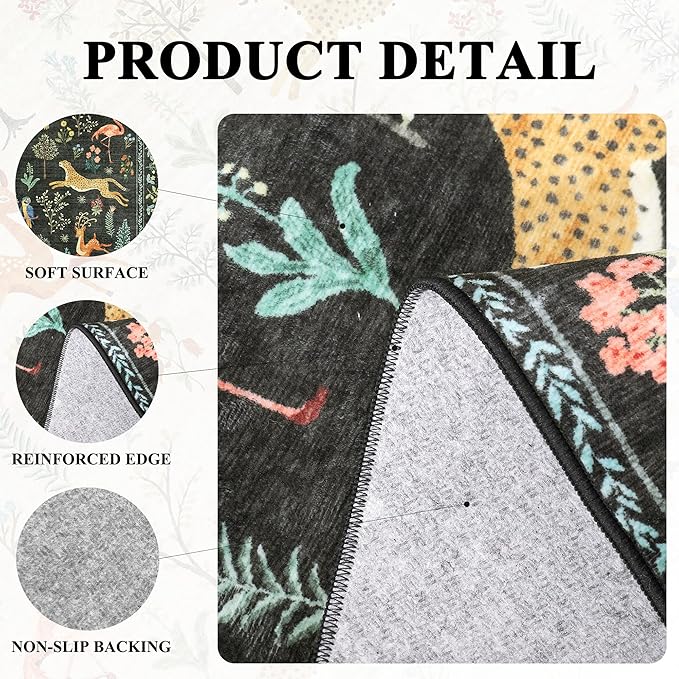 DUKINO 6ft Round Rug for Bedroom, Animal Print Washable Circle Rug with Low Pile Design, Soft Indoor Floor Non Slip Carpet for Entryway, Living Room, Office, Dining Room, Black