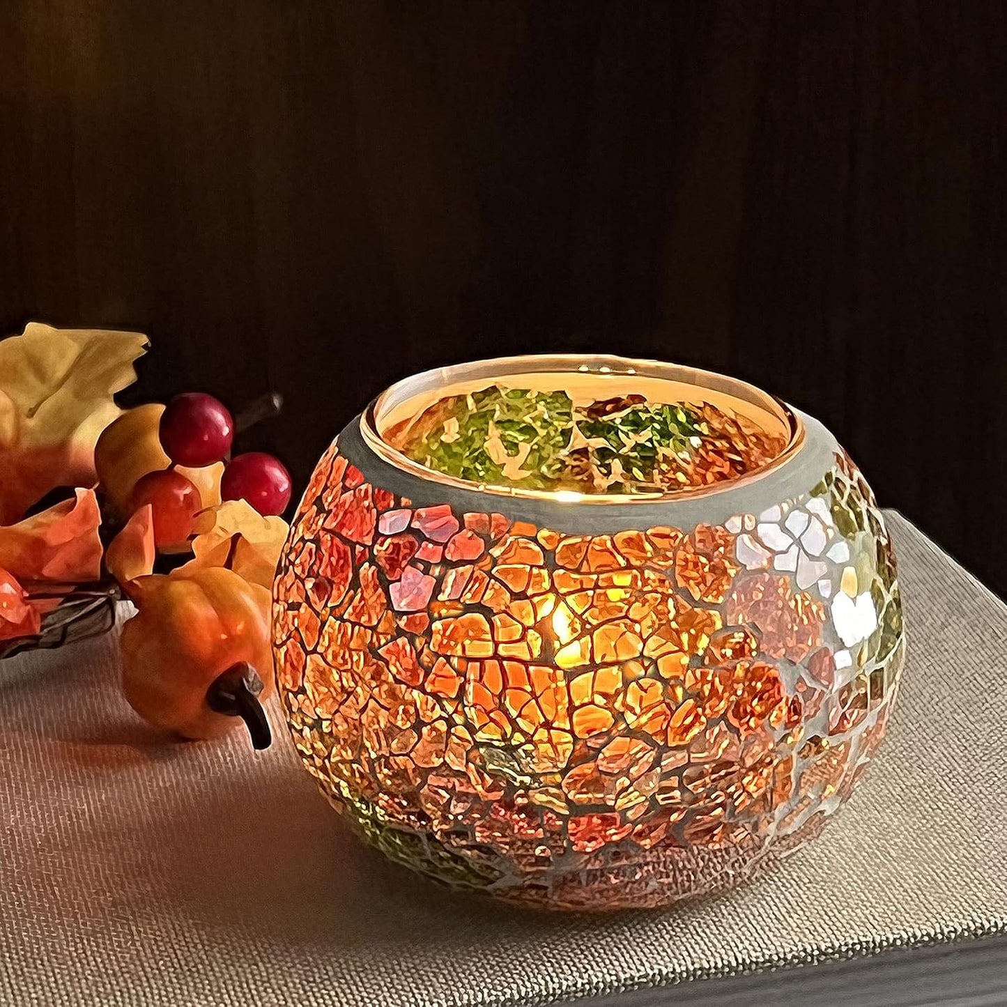 SHMILMH Mosaic Glass Candle Holder Set of 4, Votive Candle Holders Handmade Cracked Tealight Holders for Fall Christmas Diwali Home Decorations, Diwali Gift