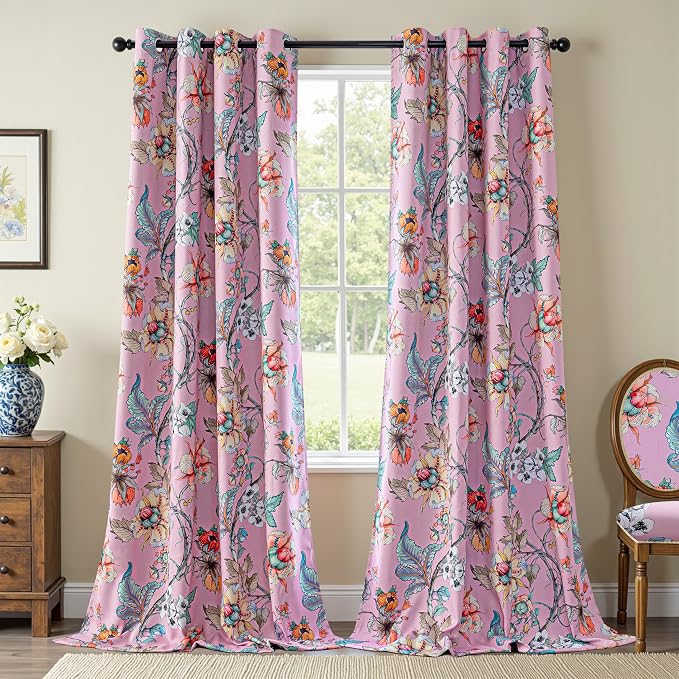 MYSKY HOME Floral Blackout Curtains 95 inches Long Black Out Thermal Insulated Privacy Protect Vintage Classical Flower Print for Living Room Dining Room Nursery Girls Bedroom, Pack-2, 52" x 95", Pink