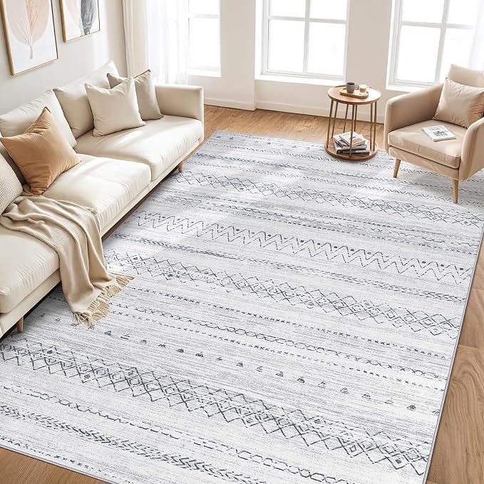 cotiled 7x9 Area Rugs Living Room Rug: Washable Boho Rugs with Non Slip Backing Large Soft Indoor Stain Resistant Carpet for Bedroom Farmhouse Dining Room Lightweight Home Decor Grey