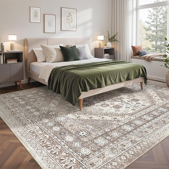 befbee Washable Rug 8x10 Area Rugs for Living Room - Stain Resistant Non-Slip Backing Rugs for Bedroom - Vintage Large Area Rug (Brown/Beige, 8'x10')