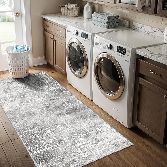 Washable 2x5 Hallway Runner Rug: Indoor Abstract Water Resistant Kitchen Entryway Rug Soft Living Room Bedroom Carpet Thin Low Pile Non Slip Floor Mat for Bathroom Laundry Room(2X5，Light/Grey)