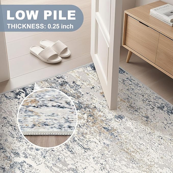 DMOYEST Square Area Rug Living Room Rugs - 8x8 Washable Large Soft Indoor Neutral Modern Abstract Low Pile Rug Carpet for Bedroom Dining Room Farmhouse Home Office - Beige Blue