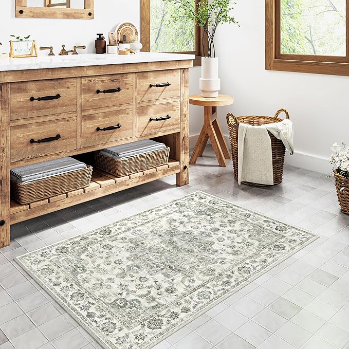 2x3 Washable Neutral Area Rug Green Vintage Entryway Kitchen Carpet Non-Slip Soft Low Pile Farmhouse Indoor Small Throw Rug for Bedroom Bathroom Entrance