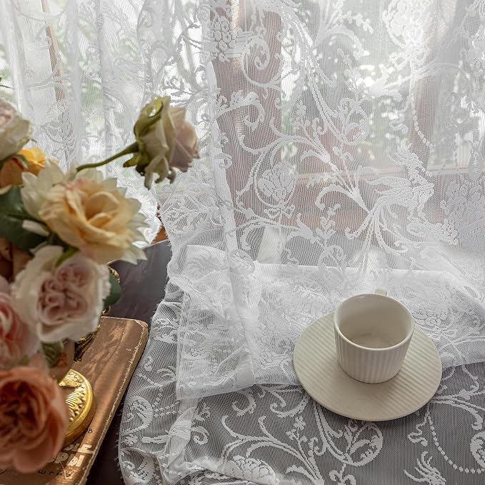 TUDECO White Lace Curtains 84 Inches Long - Vintage Knitted Lace Sheer Curtains for Living Room Victorian Flower Frilly Light Filtering Privacy Frilly Window Treatment 2 Panels, 59 x 84 Inch