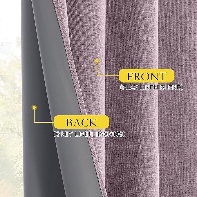 NICETOWN Chaise Mauve Vintage Linen 100% Blackout Curtains for Living Room, 52" Wide Per Panel, Set of 2, Thermal Insulated Curtains 90" Long, Noise Reducing Window Treatment Drapes for Home Cinema