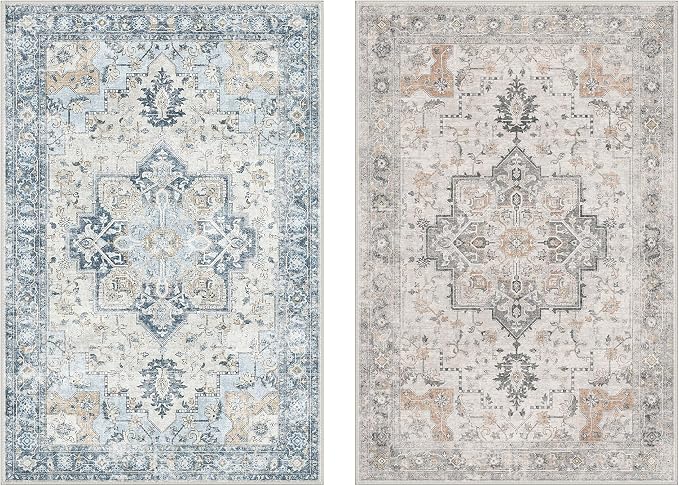 GENIMO 6x9 Reversible Area Rugs for Living Room, Machine Washable Rug with Pad, Non Slip Vintage Rug, Low Pile Lightweight Print Carpet for Bedroom Dining Room Home Office, Taupe & Blue