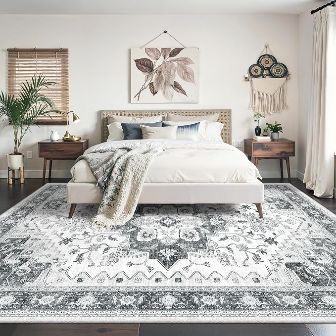 Washable 9x12 Area Rug,Vintage Floral Area Rugs with Non Slip Backing Stain Resistant Grey Carpet for Bedroom Dining Room Indoor Large Soft Rug Home Decoration (9x12,Grey)