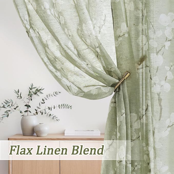 FMFUNCTEX Linen Sheer Curtains for Bedroom, Sage Green Blossom Print Curtains 96 Inches Long for Living Room,Floral Patterned Farmhouse Curtain Light Filtering Window Drapes 2 Panels, Rod Pocket