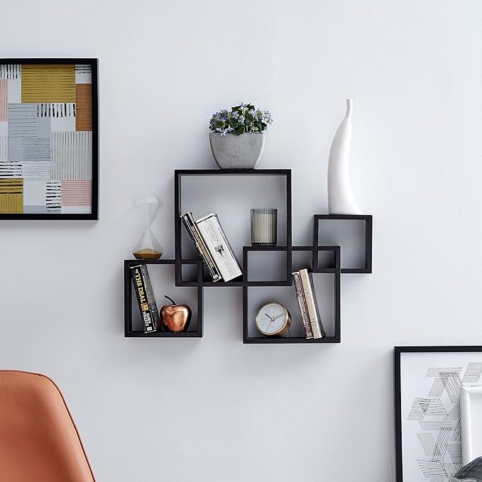 Danya B Decorative Wall Mount Floating Intersecting Cube Accent Wall Shelf - Black