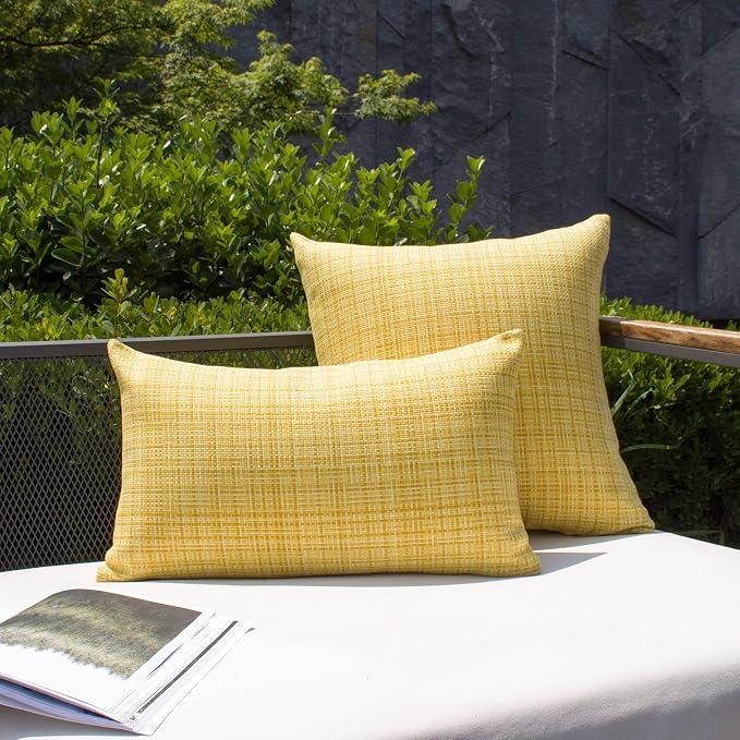 Kevin Textile Outdoor Waterproof Throw Pillow Covers 14x24 Inch Pack of 2 Woven Faux Linen Farmhouse Decorative Water Resistant Lumbar Cushion Covers for Tent Patio Garden Couch Sofa Yellow