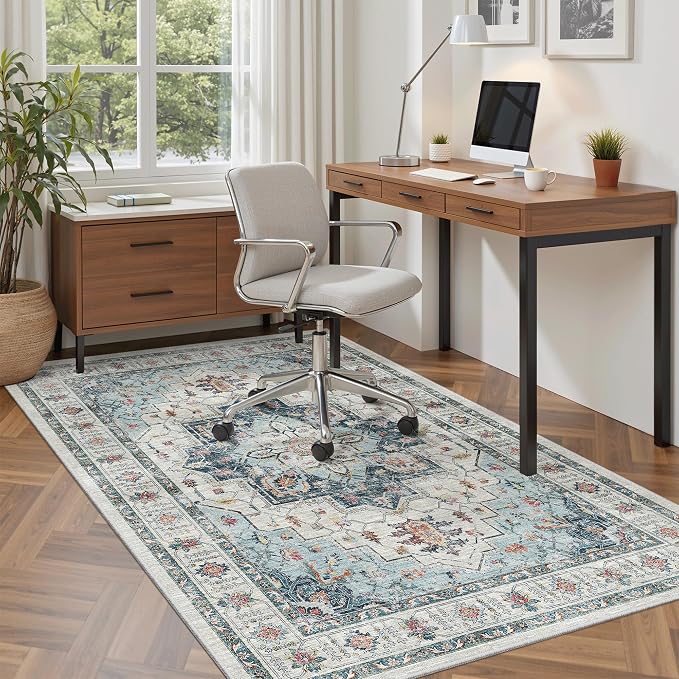 Madane Area Rug 4x6 Washable Rugs Vintage for Living Room, Blue | Ultra-Thin Stain Resistant Vintage Large 4'X6' Carpet, Soft Low Pile Floor Mat For Bedroom Dining Room Office Home Decor
