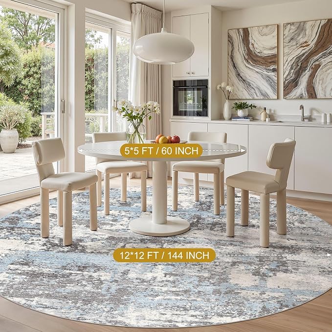 Area Rugs for Living Room: 12x12 Abstract Washable Rug Modern Neutral Large Soft Stain Resistant Non-Slip Backing Machine Table for Bedroom Dining Room Indoor Home Office Carpet - Blue Grey