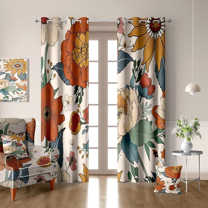 Boho Floral Blackout Curtain, Vintage Rustic Farmhouse Botanical Flower Abstract Modern Bohemian Window Curtains Living Room Bedroom Decor Darkening Window Drapes Treatments, 2 Panels 52x63 Inch