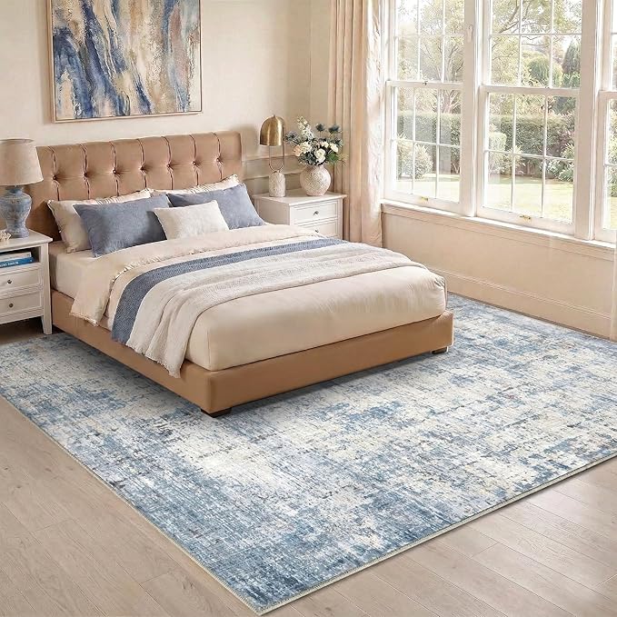 9x12 Area Rugs Washable Living Room Rug-No Slip Soft Carpets Modern Abstract Coastal Indoor Floor Stain Resistant Large Carpet for Bedroom Dining Room Farmhouse Nursery Home Office Blue