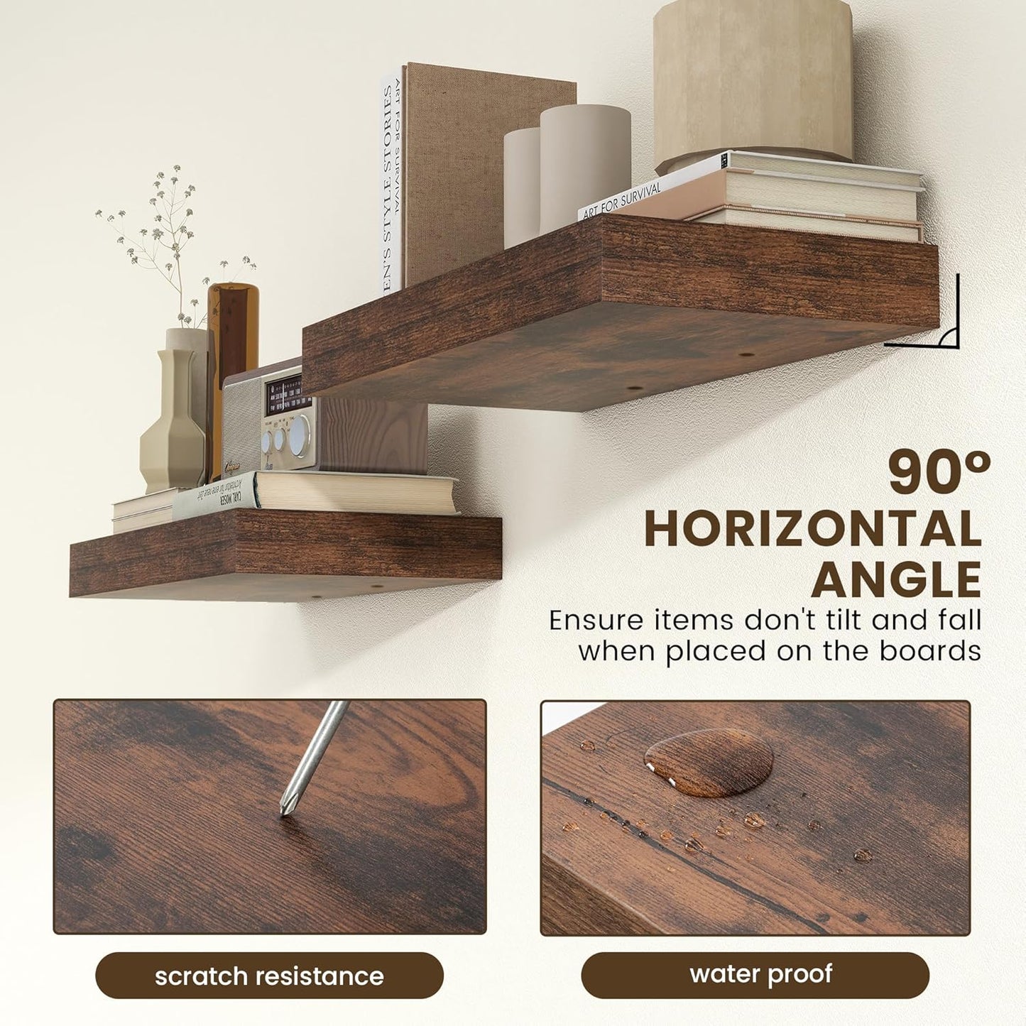 Deep Floating Shelves, 12 Inch Deep Rustic Floating Shelves Set of 2, 24 Inch Large Wall Mounted Wood Shelves for Books Laundry Room Living Room Bedroom Kitchen Home Office - Rustic Brown