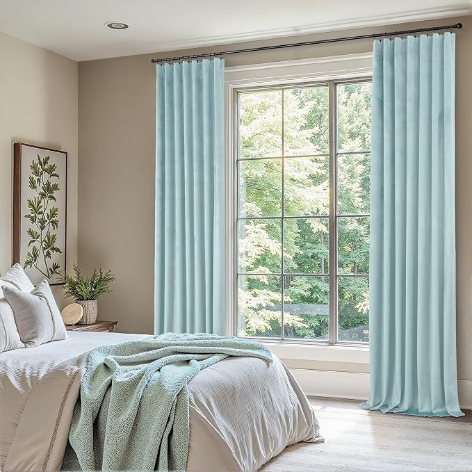 Light Blue Velvet Room Darkening Curtains 96 Inches Long for Living Room Bedroom Pale Blue Sky Noise Reducing Light Blocking Black Out Thermal Insulated Summer Heat Privacy Drapes 2 Panels Back Tab