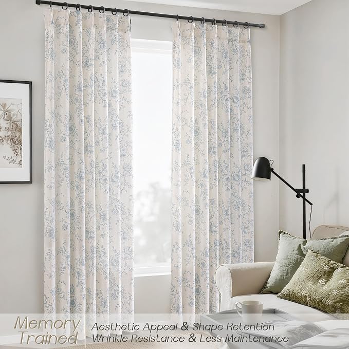 Meikelor Blue Pinch Pleated Floral Curtains 102 inch Long for Living Room 70" W x 102" L