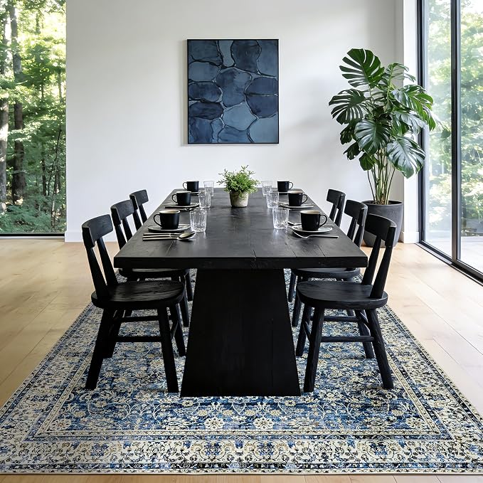 Blue Distressed Carpet Multi Rug Kitchen Living Room Bedroom Dining Room,6x9 Cover Print,Vintage Design Flower Area Rug
