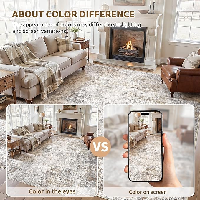 UERMEI 8x11 Area Rug Living Room Rugs Thickened - Washable Neutral Modern Abstract Soft Rug Indoor Floor No Slip Rug Carpet for Bedroom Under Dining Table Home Office Decor - Brown Grey