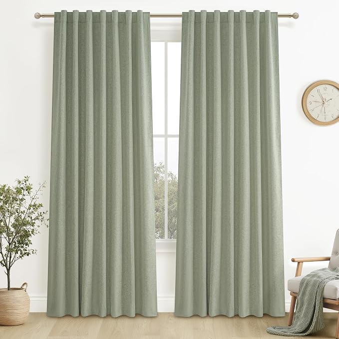 Sage Green Blackout Linen Curtains 120 Inches Extra Long for Living Room Bedroom,Pleated Large Window Track Curtain with Pin Hooks Belt Boho Light Green Drapes Thermal Insulated (50"Wx120"Lx2Panels)
