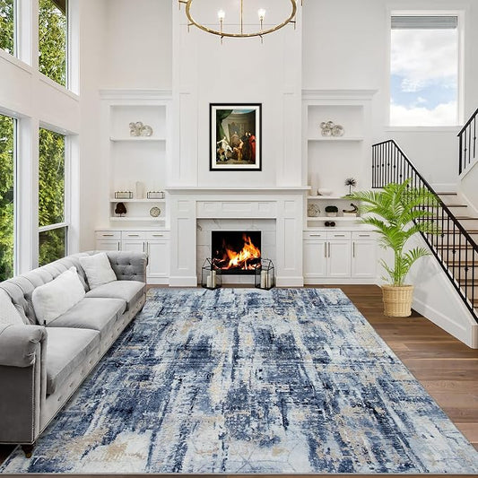 10x14 Area Rugs Washable Rug: Modern Abstract Living Room Rug Soft Anti-Skid Thin Carpet Indoor Floor Non-Shedding Carpets for Bedroom Dining Room Farmhouse Nursery Home Office Blue Gold