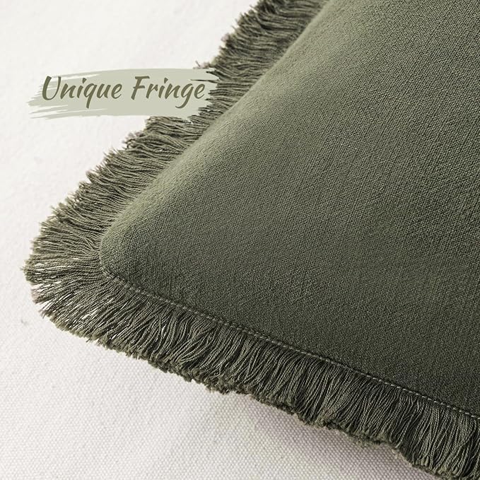MIULEE Decorative Lumbar Throw Pillow Covers Neutral Linen Fringe Throw Pillows Set of 2 Olive Green Boho Farmhouse Cushion Covers for Couch Sofa Bed Living Room Spring Home Decor 12x20 Inch