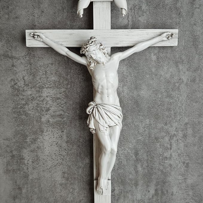 BC Catholic Crucifix Wall Cross, 10" H Jesus Christ Home Decor, Religious Gift, Wood Carved Look, Grey White Finish, Hand Painted by Buildclassic