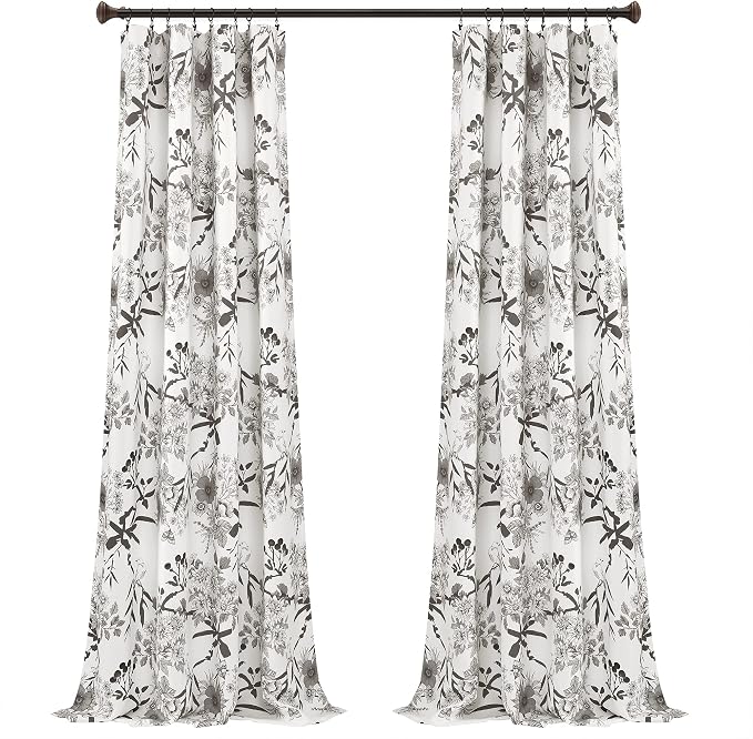 Lush Decor Botanical Garden Curtains Floral Bird Print Light Filtering Window Panel Drapes Set for Living, Dining, Bedroom (Pair), Gray & White, 52"W x 108L"