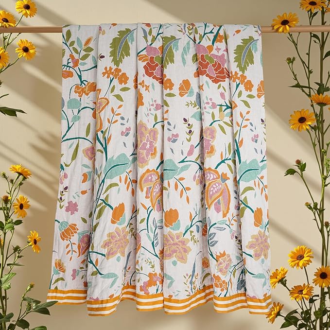 VANJOROY Boho Throw Blanket, 100% Organic Cotton Breathable Ultra Soft 91" x 98" Bed Quilt Throw - All Season Floral Rustic Farmhouse Decor Luxury Reversible Blanket for Sofa Couch Chair and Gift