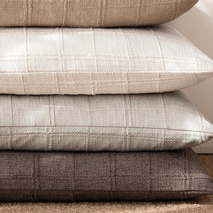 Foindtower Set of 2 Decorative Linen Check Throw Pillow Covers Neutral Farmhouse Vintage Cushion Covers Modern Coastal Boho Home Decor for Sofa Chair Couch Bedroom Living Room,22×22 Inch,Light Grey