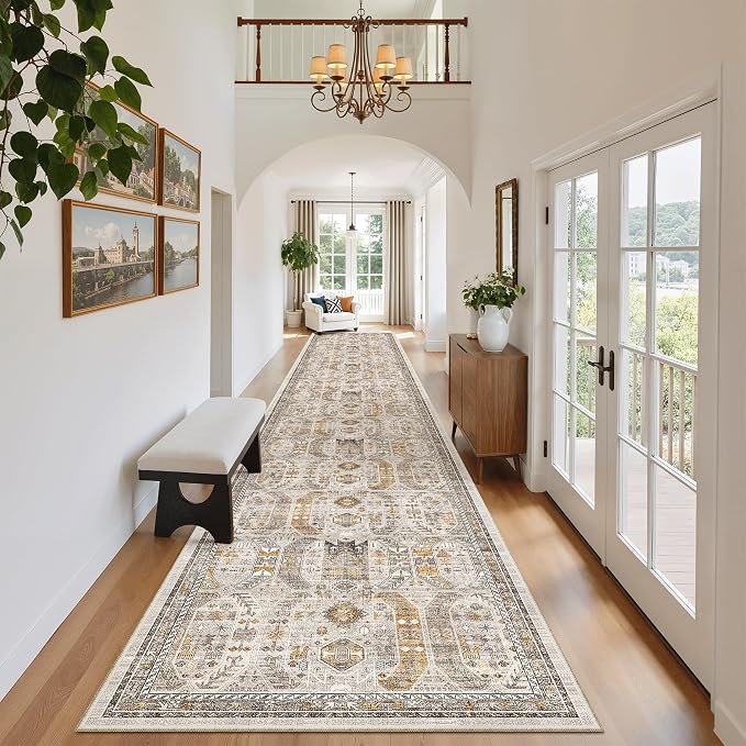 Madane Hallway Runner Rug 2'6''x16' Kitchen Runners Vintage, Brown/Gold | Long Non-Slip Washable Rugs 16ft for Laundry Room, Entryway and Bedroom, Soft Low Pile Stain-Resistant 2.5x16 Ft Floor Carpet