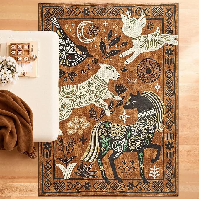 jinchan 5x7 Cute Area Rug Kids Washable Fun Rug Earthy Brown Starlit Boho Indoor Floor Cover Non Slip Lightweight Soft Cozy Animal Throw Carpet for Bedroom Nursery Daycare Living Room Dorm