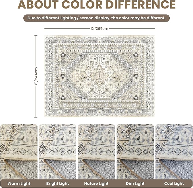 zesthome 8x12 Area Rugs,Stain Resistant Washable Rug,Ultra-Thin Rugs for Living Room,Bedroom,Non-Slip Backing Home Decor Large Area Rug (Beige,8'x12')