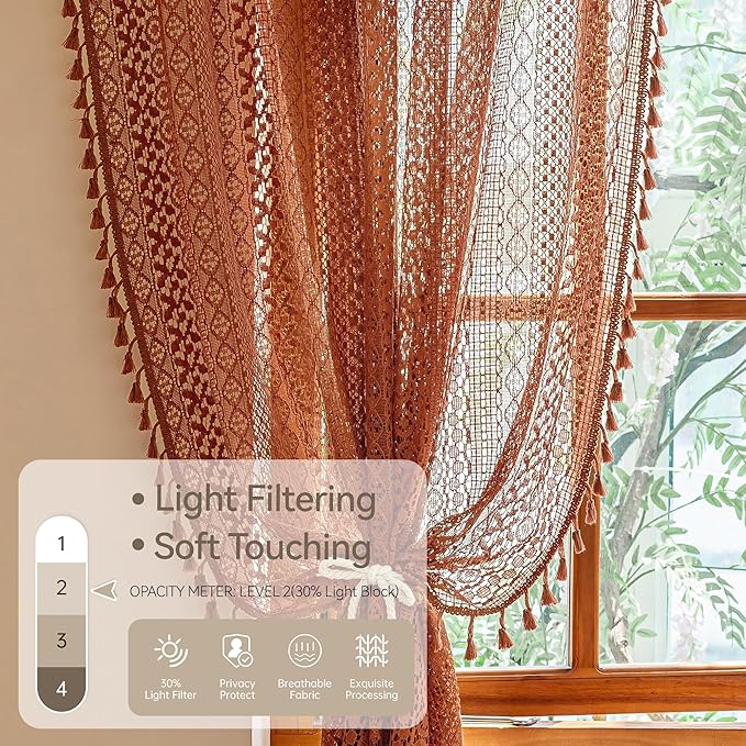 WAZZIO Boho Lace Curtains 96 Inches 2 Panel,Light Filtering Privacy Tassel & Geometry Crochet Semi Sheer Curtain Drapes for Bedroom Living Dining Room,Rod Pocket & Tassel,Full Decor,Burnt Orange