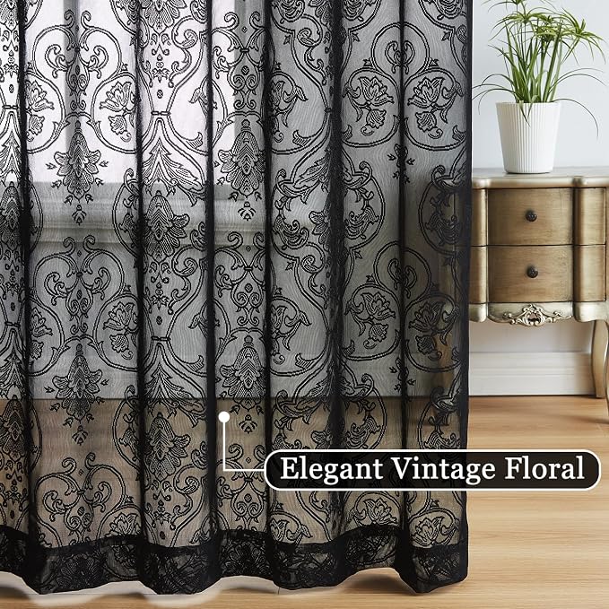 Black Lace Curtains 84 inch Damask Sheer Curtain Panels for Living Room Bedroom Luxury Vintage Light Filtering Victorian Drapes Black Window Treatment Sets Rod Pocket 2 Panels 54" W