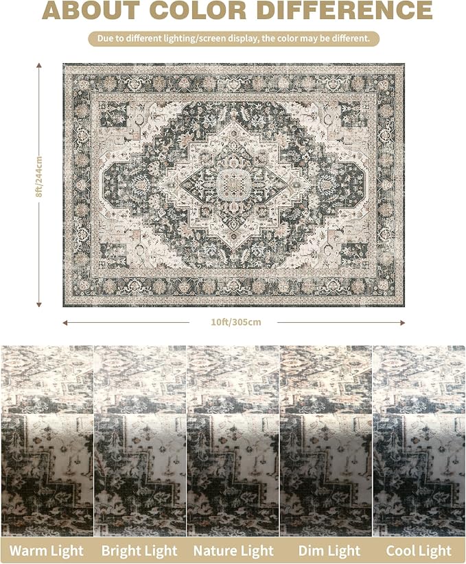 Roxstand Washable Rugs 8x10 Area Rugs for Living Room, Bedroom, Office, Ultra-Thin Anti Slip Backing Rug, Super-Soft Vintage Large Area Rug, Home Decor Farmhouse Rugs (Black/Beige, 8'x10')