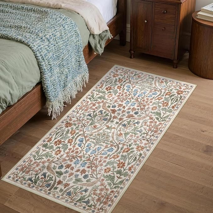 2x4 Washable Runner Rug Kitchen Hallway Area Rug Vintage Boho Floral Ultra Non-Slip Low Pile Soft Faux Wool Carpet Kids and Pets Friendly for Bathroom Bedroom Entryway Nursery Home Rug Beige
