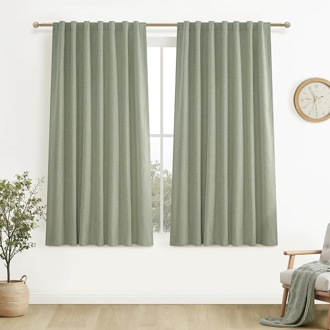 Sage Green Kitchen Curtains 54 Inch Length Small Basement Window Blackout Pleated Curtain for Winter Insulated Linen Cafe Classroom/Dorm Light Green Drapes Hook Belt/Back Tab(50"x54"x2 Panels)