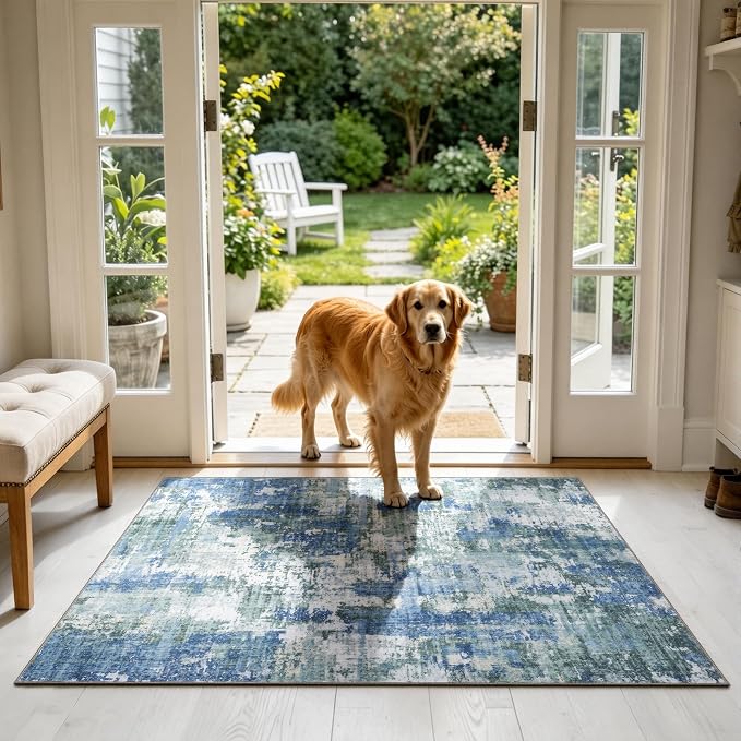 Sasttie 3x5 Area Rug for Entryway, Washable Modern Abstract Small Carpet for Living Room Bedroom Door-mat, Soft Entry Rug with Non-Slip Backing, Blue and Green