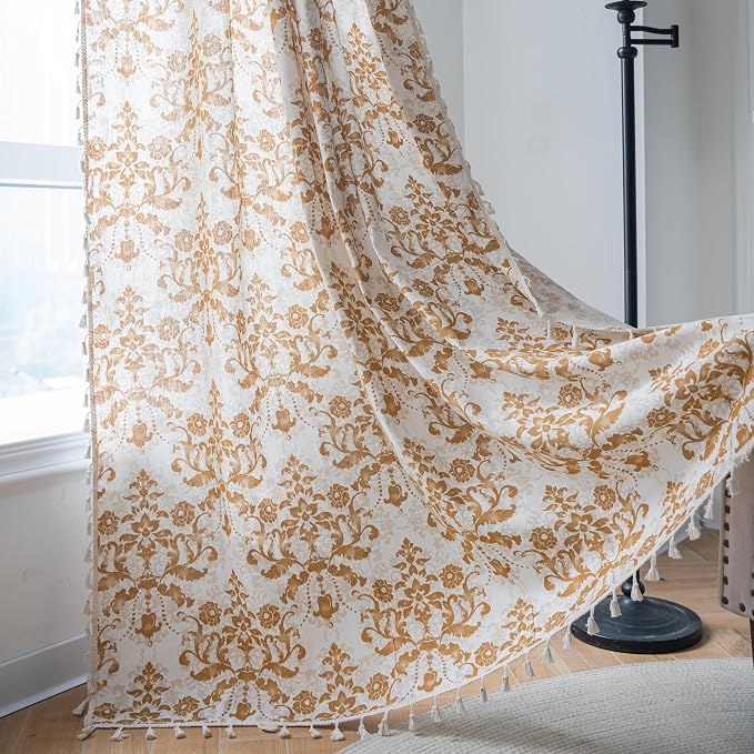Sutuo Home Boho Curtains 63 Inches Length for Bedroom Living Room, Printed Moroccan Cotton Linen Rod Pocket Rustic Farmhouse Bohemian Tassels Window Treatment, 1 Panel 59" W x 63" L, Brown Damask