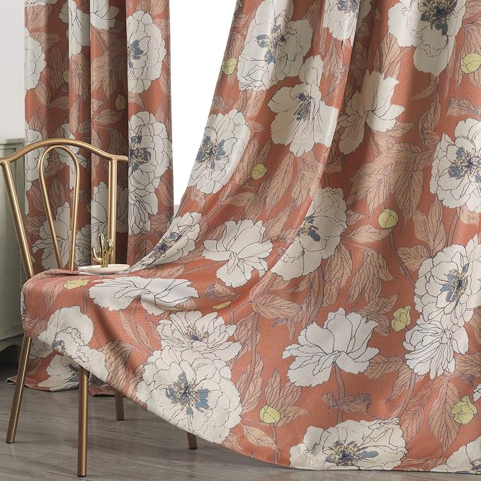 Taisier Home Stylish Faux Linen Curtains for Living Room/Bedroom | Privacy Added Light Reducing Flower Pattern Window Curtain Drapes (2 Panels) Grommet Top, 52x72 Inch, Orange