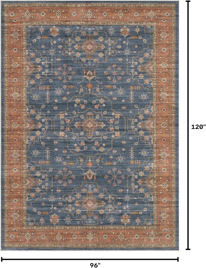 8x10 Area Rug for Living Room- Machine Washable Soft Oriental Vintage Large Indoor Floor Carpet for Bedroom Under Dining Table Home Office Decor - Blue Terracotta