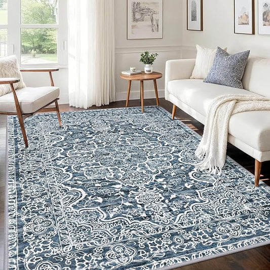 KUTA Area Rug 5x7 Blue White, Vintage Washable Rugs for Living Room Ultra Soft Non-Slip Printed Distressed Tribal Traditional Farmhouse Carpet for Bedroom Dining Room Dorm Office Home Decor