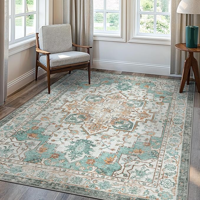 GENIMO 9x12 Area Rugs for Living Room, Machine Washable Non Slip Vintage Rugs, Low Pile Lightweight Print Rug for Bedroom, Dining Room, Home Office, Cyan
