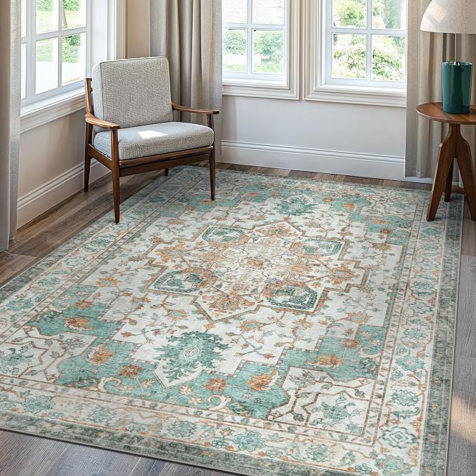 GENIMO 7'6''x9'6'' Area Rugs for Living Room, Machine Washable Non Slip Vintage Rugs, Low Pile Lightweight Print Rug for Bedroom, Dining Room, Home Office, Cyan