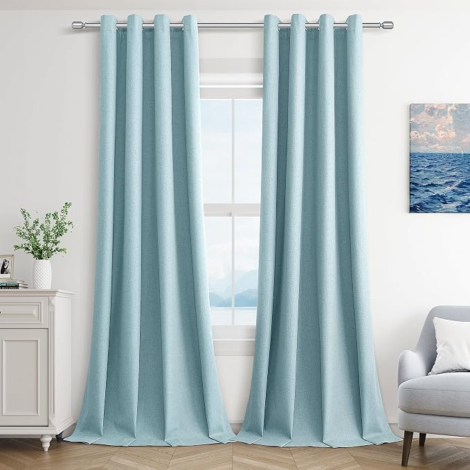 Jowels Light Blue Linen Blackout Curtains 102 Length 2 Panels Set for Living Room Bedroom, 100% Black Out Thermal Insulated Linen Drapes, Room Darkening Grommet Curtains 102 Inches Long Light Blue
