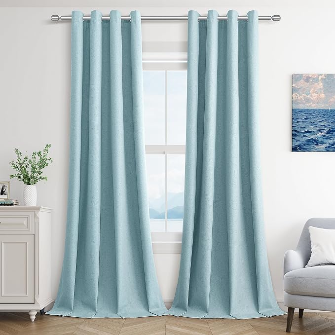 Jowels Light Blue Linen Blackout Curtains 84 Length 2 Panels Set for Living Room Bedroom, 100% Black Out Thermal Insulated Linen Drapes, Room Darkening Grommet Curtains 84 Inches Long Light Blue